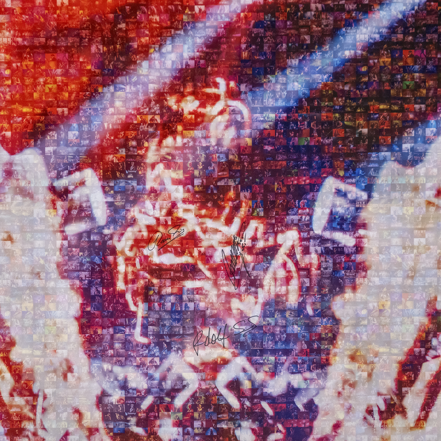 Signierte Collector Edition, 90 × 90 cm, aus zusammenhängenden Originalsegmenten des Scorpions-Fotomosaiks